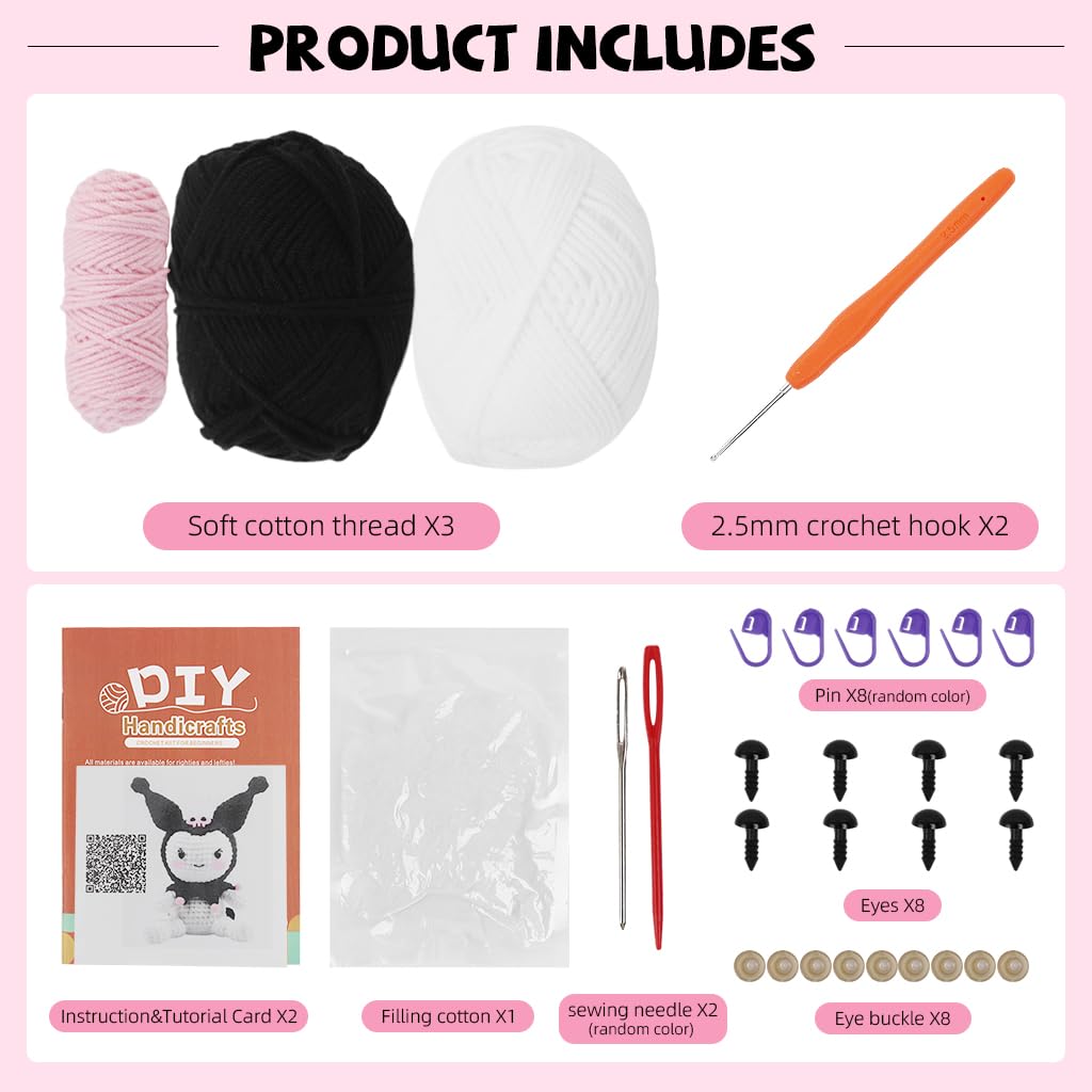 PATPAT® DIY Kuromi Stuffed Toy Crochet Material Kit with Yarns and Tools 6.1'' DIY Kawaii Kuromi Stuffed Toy for Beginners DIY Handmade Crochet Cartoon Kuromi Stuffed Toy with Tutorial Video