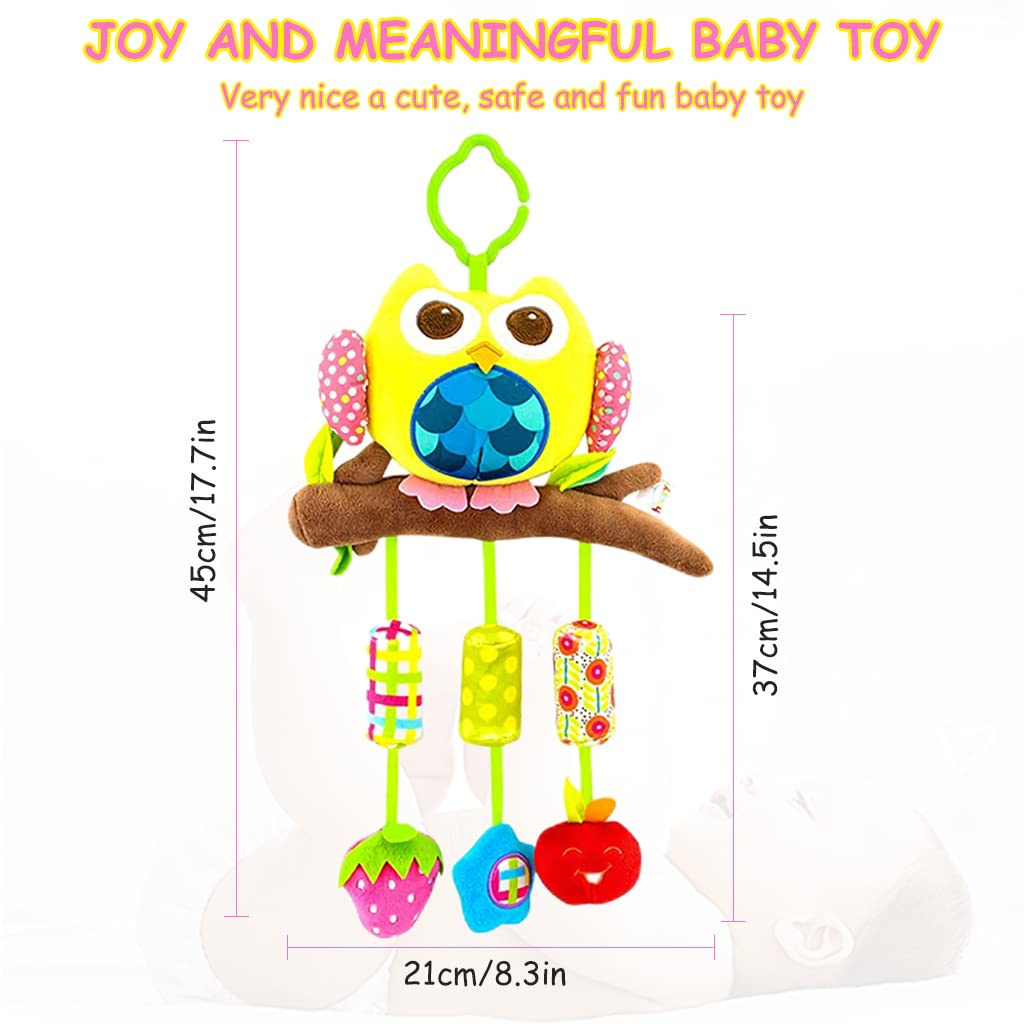 PATPAT® Hanging Toys for Babies 0-6 Months, Rattle Crinkle Squeaky Toy Car Seat Plush Stroller Toy with Teethers Plush Animal C-Clip Ring for Infant Babies Boys and Girls 3 6 9 to 12 Months -Owl