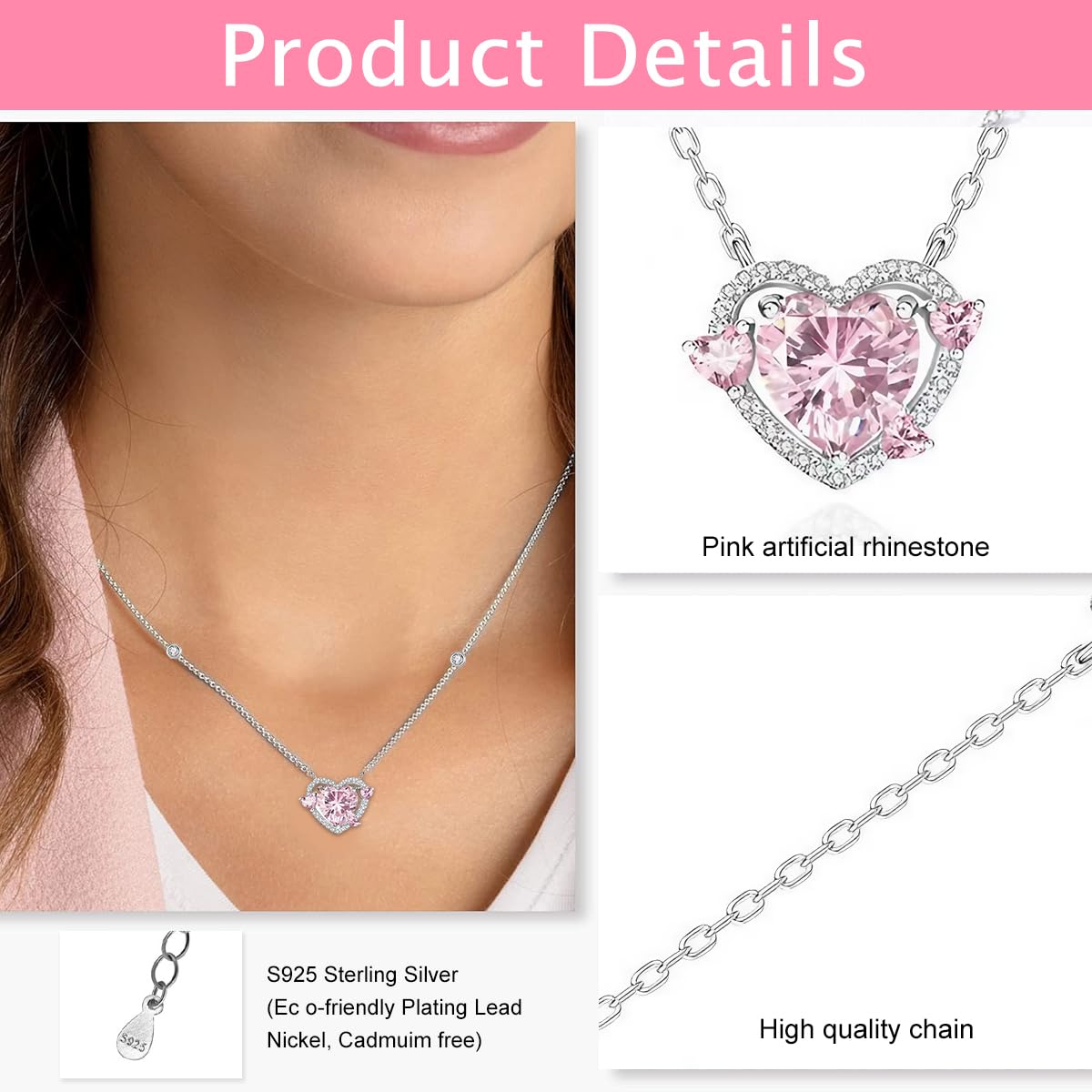 Zibuyu Necklace for Women with Pink Heart Pendant and Rhinestone Inlay | Gift Box Set