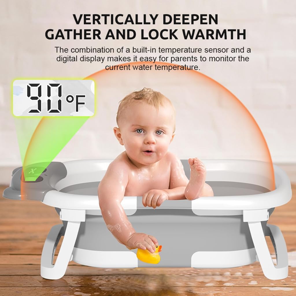 SNOWIE SOFT® Baby Bath Tub Newborns Bathtub for Baby 0 to 3 Years Anti-slip Folding Baby Bathtub with Smart Real-time Temp Digital Display, Cute Bear Back Support Cushion Baby Shower Gifts (Grey)