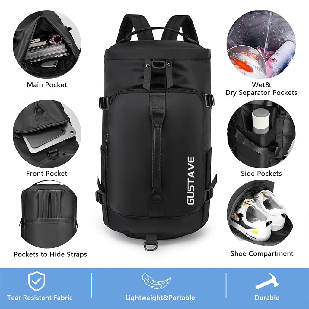 GUSTAVE Gym Duffle Bag for Travel and Fitness with Shoe Compartment and Waterproof Nylon | Minimalist Backpack for Men and Women