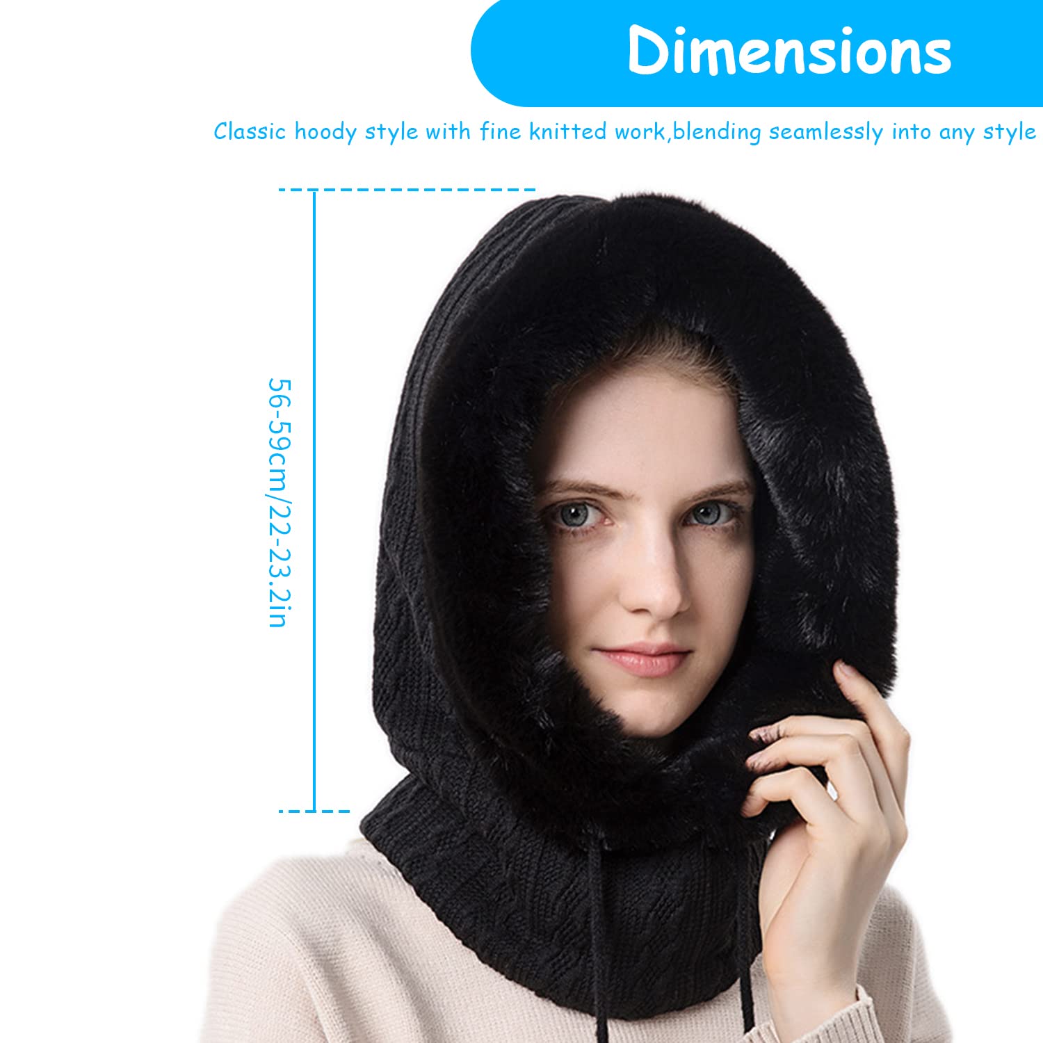 PALAY® Winter Cap for Women One-piece Knitted Warm Winter Hat with Neck Warmer Hood Scarf & Mask, Fashion Snow/Wind Proof Soft Fleece Lined Scarf Hat for Outdoor Riding Skiing (Black)