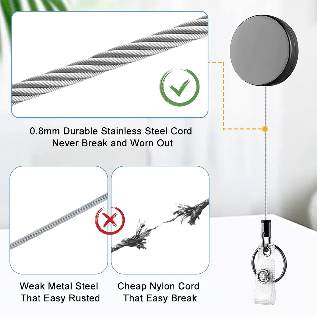 Climberty ID Card Holder for Work and Keys with 27.5 in Pull Cord and Metal Casing | Glossy Black