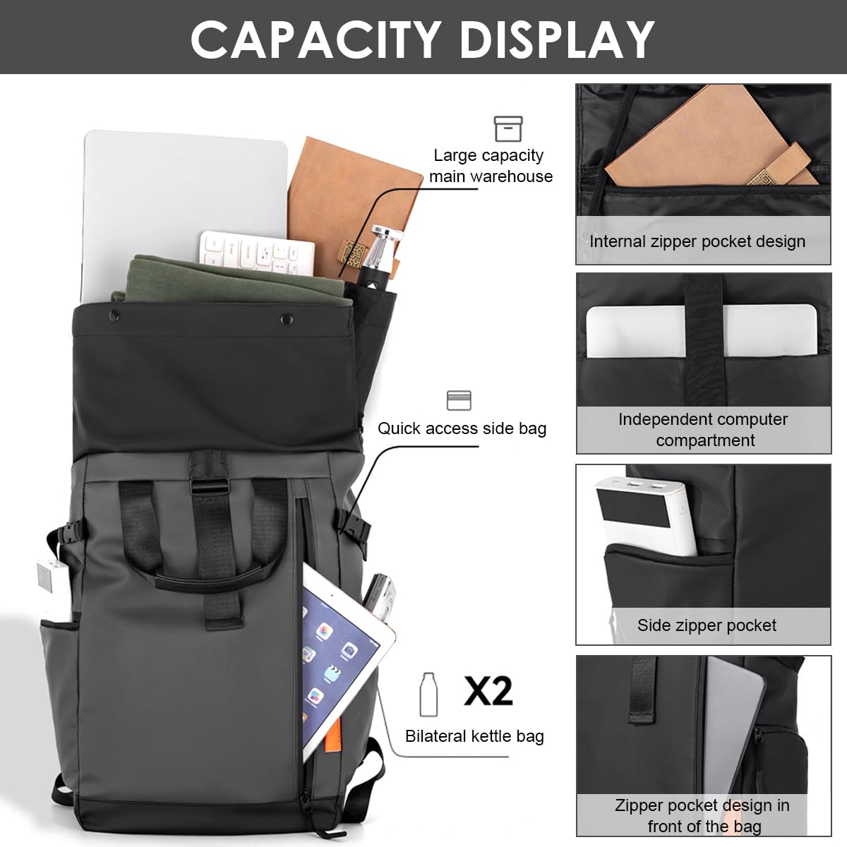 GUSTAVE Backpack for Travel with Roll Up Closure and 20 25L Expandable Waterproof Oxford Design