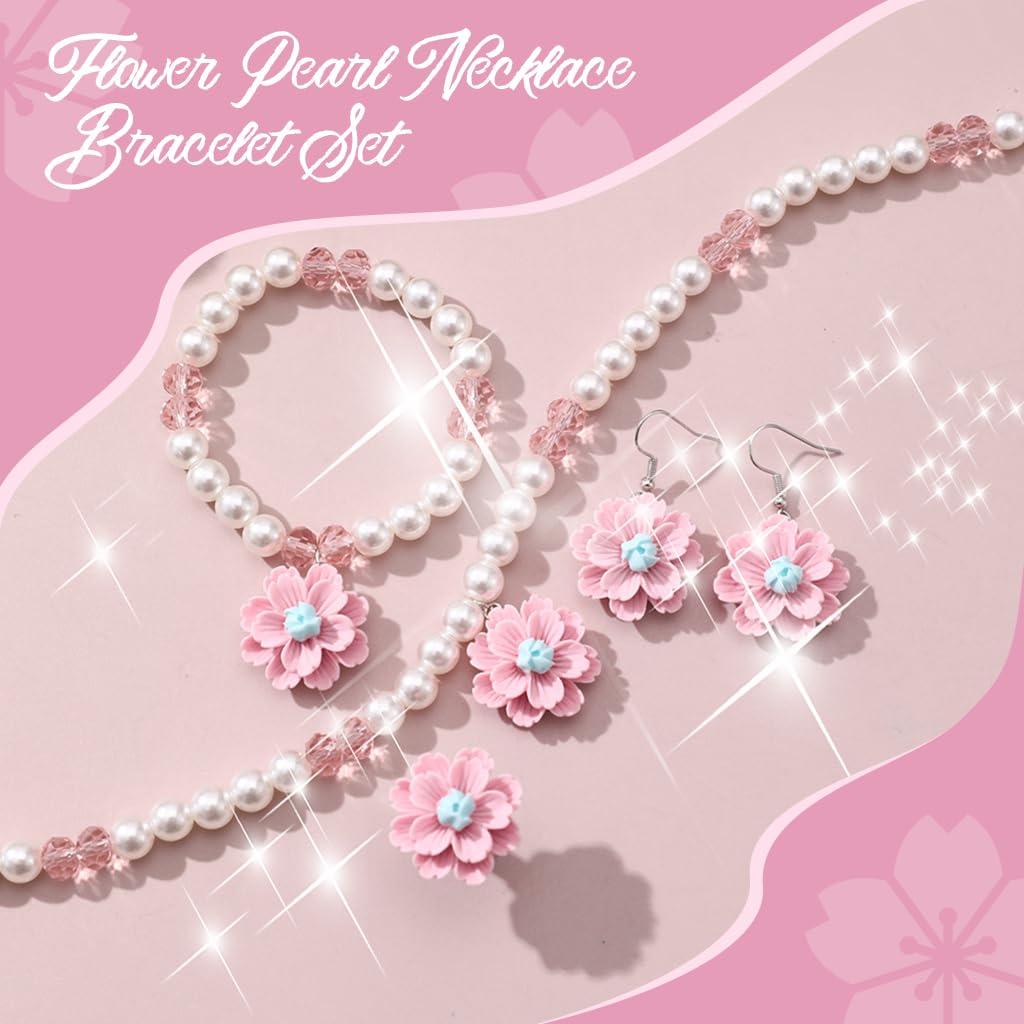 SNOWIE SOFT® Jewellery Set For Girls, Cute Flower Pearl Princess Kids Jewelry For Girls 4pcs Kids Jewelry Set Include Necklace Bracelet Earrings And Rings -Ideal Gift Set For Girls Birthdays & Parties