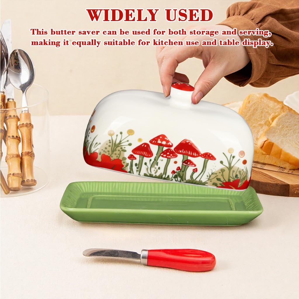 Supvox Ceramic Butter Saver Dish for Storage with Lid and Cartoon Mushroom Print 5.5x2.2 in
