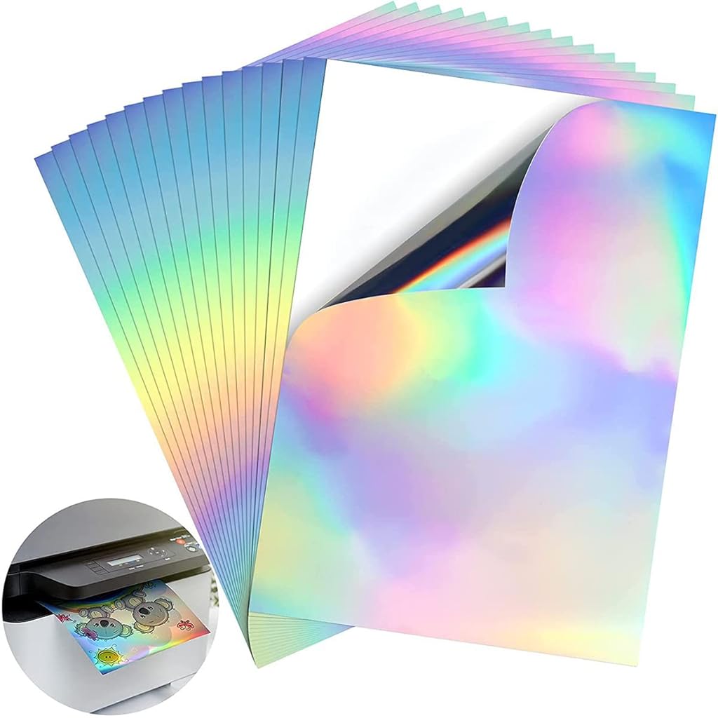 ZIBUYU® Printable Laser Printing Paper 8.5 by 11,Holographic Sheet Sticker SelfAdhesive Sticker Paper,Waterproof HD Printing Paper,Vinyl Paper for Ink Jet Printer,20 Sheet