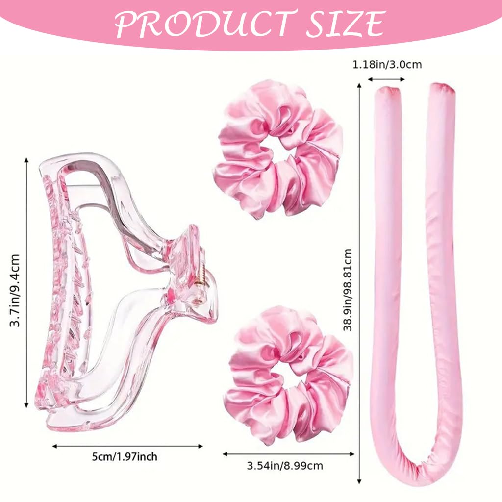 ZIBUYU Heatless Curling Rod Headband No Heat Silk Ribbon Curling Rod Hair Roller Curls with Hair Claw Clip Lazy Natural Soft Wave DIY Hair Rollers Styling Tool for Sleep in Overnight (Pink)
