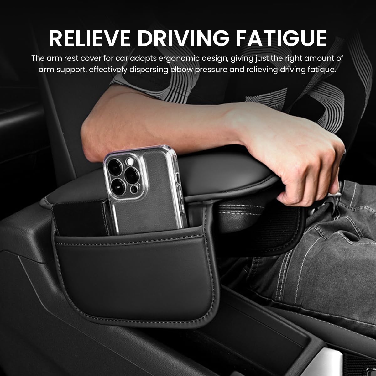 STHIRA Car Armrest Cushion for Center Console with Dual Storage Pouches and Memory Foam Support | PU Leather Cover for Universal Car Models