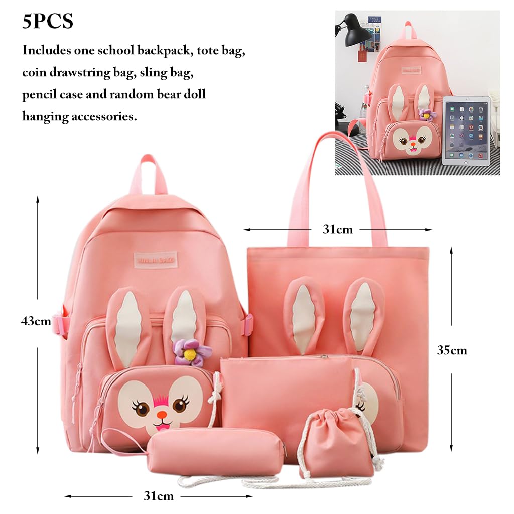 PALAY® 5Pcs Set Cute Backpack for Girls Canvas Backpacks Set with Canvas Tote Bag Waterproof Multi-Pocket Kawaii School Backpack for Kids Laptop School Bag