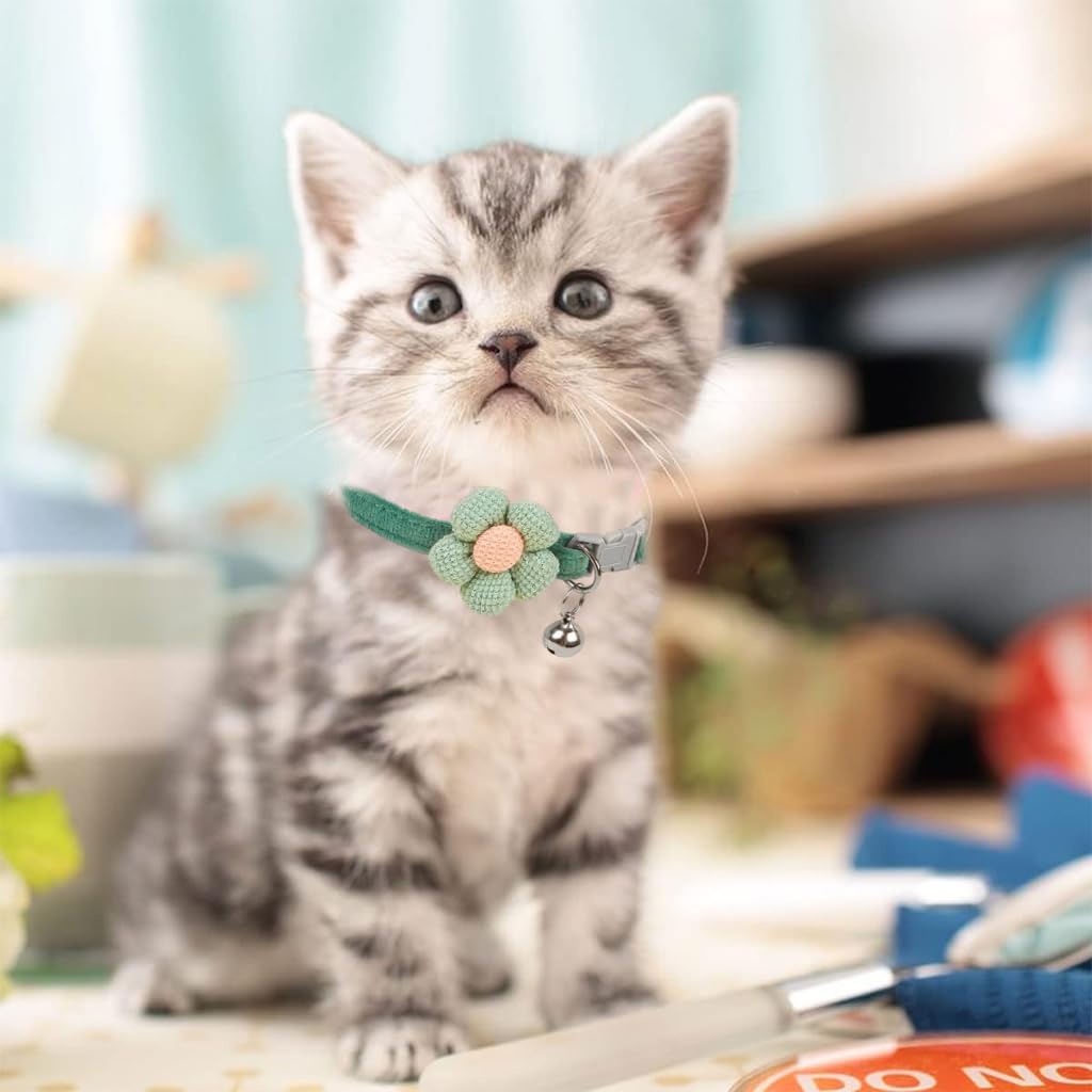 Qpets Cat Collar Set 8PCS Adjustable 19–32cm with Crochet Flower and Silver Bell | Gift for Cat Lovers