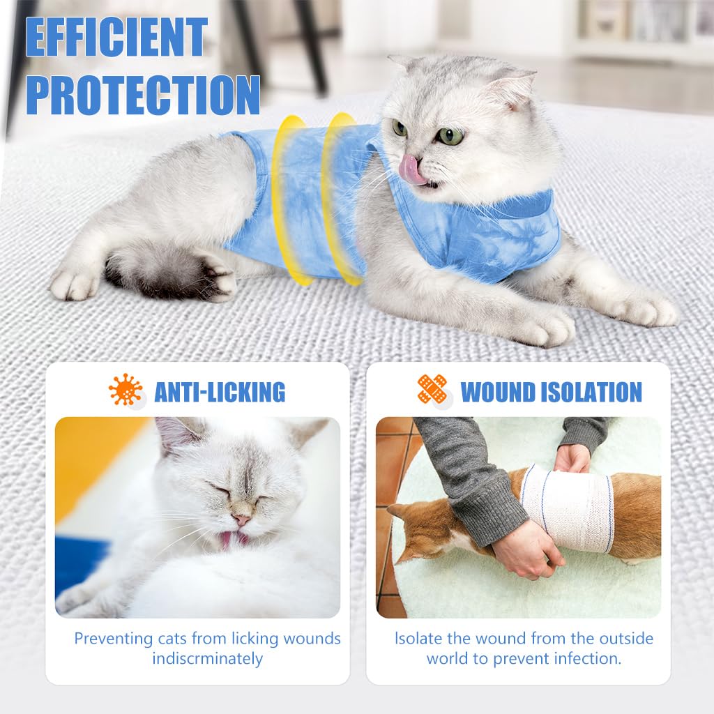 Qpets Cat Clothes for Post Surgery Recovery with Adjustable Closure and Soft Cotton Fabric | Blue Tie-dye Design M Size Back 30cm Bust 34-40cm