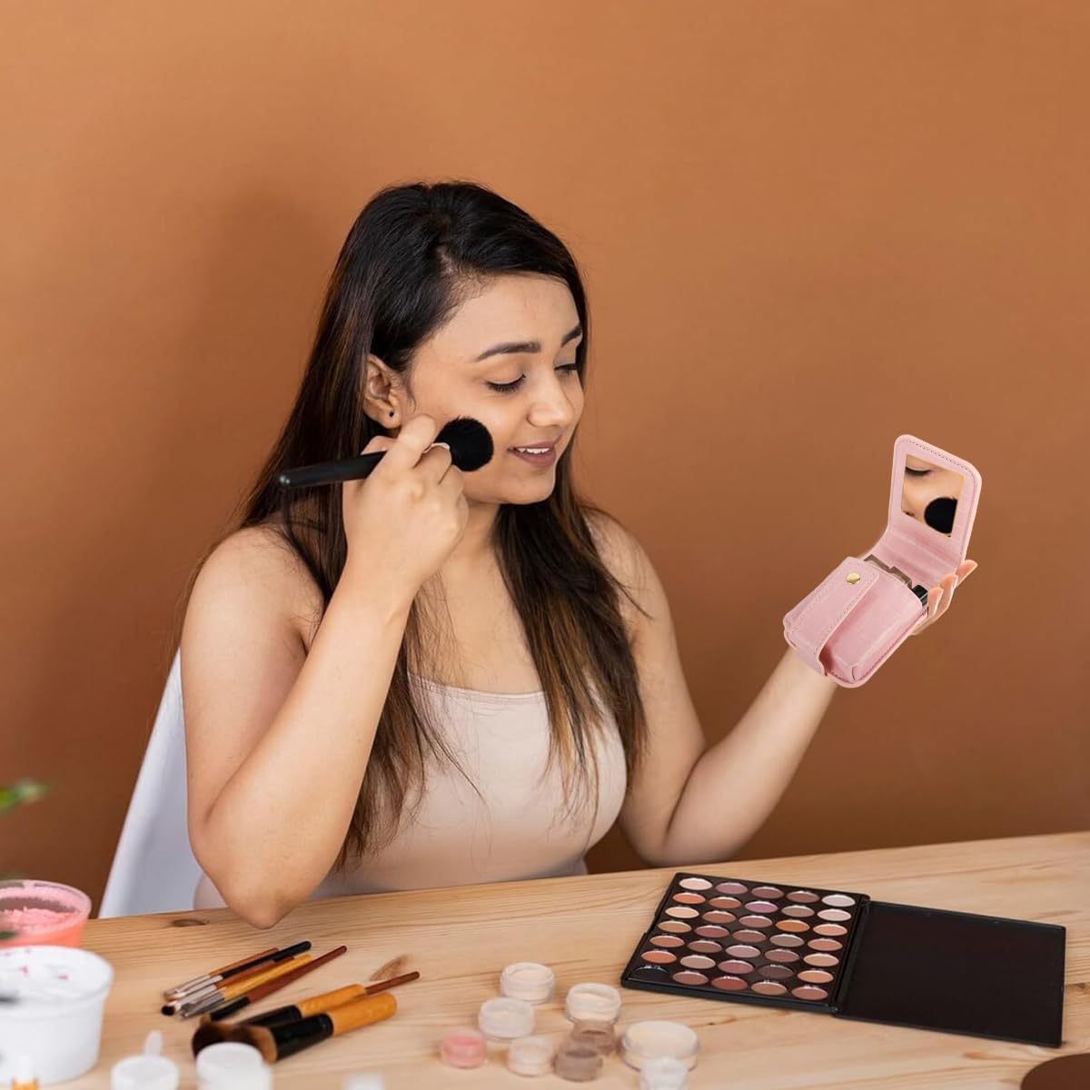 MAYCREATE Lipstick Travel Pouch for On the Go Touch Ups with Mirror 8x10cm PU Case