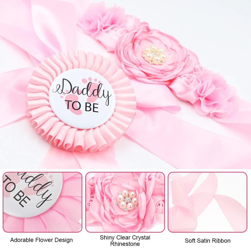 PALAY® Mom to Be Decoration Items Set Mom to Be Flower Sash Set Maternity Shoot Props Baby Shower Daddy to Be Corsage Pin Flower Belt for Maternity Dress Mom to Be Props Supplies-Pink