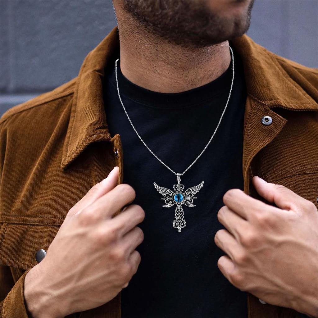 GUSTAVE Necklace for Men with Gothic Cross Pendant and Blue Evil Eye Stone | Silver-Tone Alloy