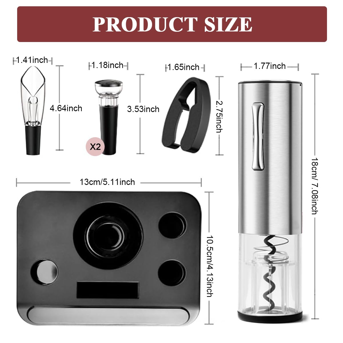 HASTHIP® Electric Wine Opener with Charging Base, Rechargeable Automatic One-Button Corkscrew Opener Kit with Foil Cutter, 2pcs Vacuum Stopper and Wine Aerator Pourer for Home Party Wedding