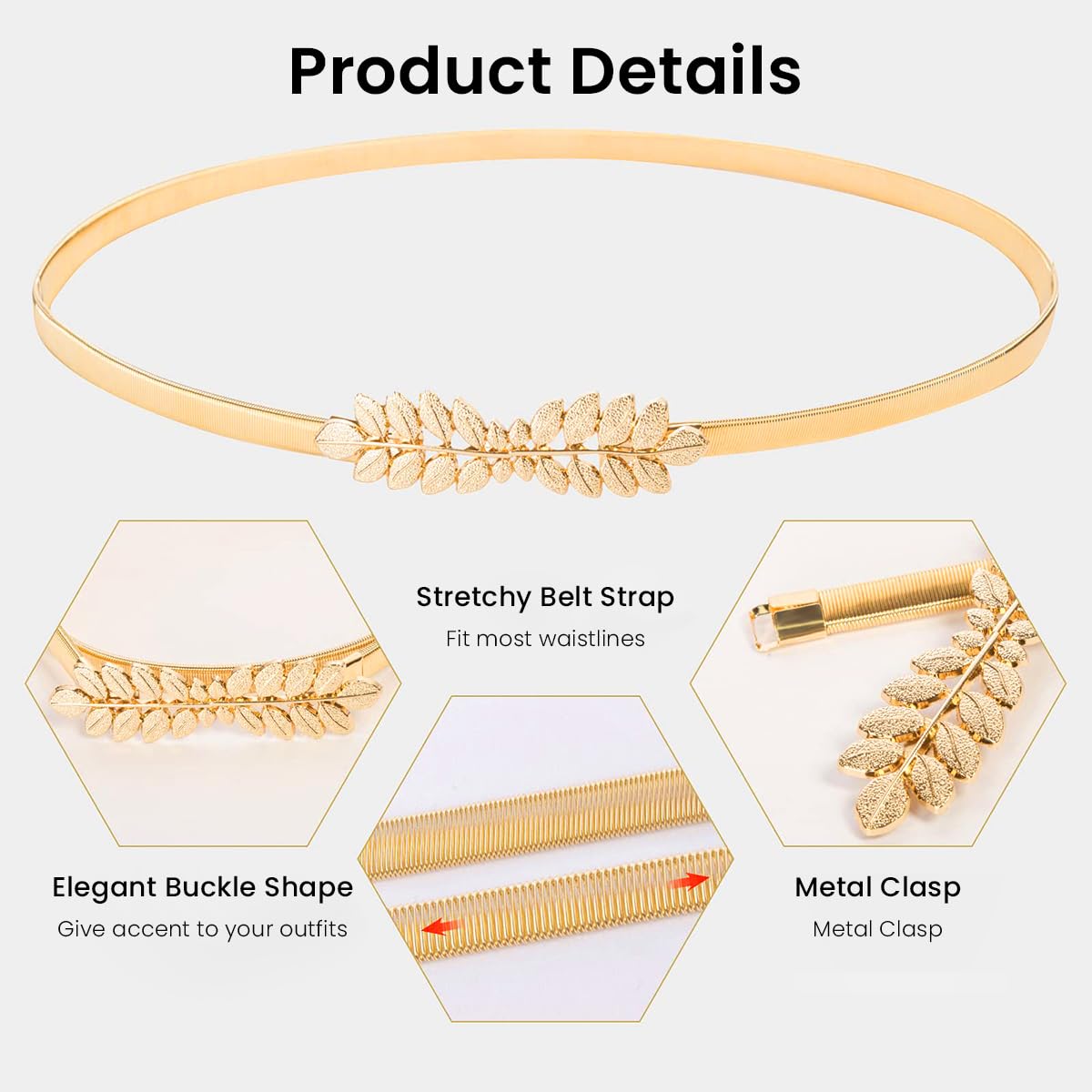 Brand Metal Waist Belts for Women Dresses Adjustable 23.6–31.4 in with Leaf and Rose Design