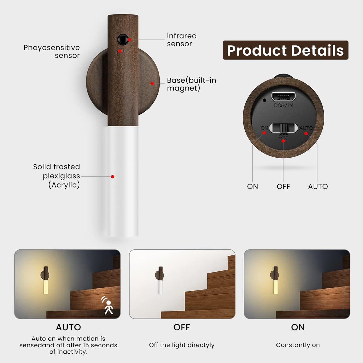 ELEPHANTBOAT USB LED Wall Light for Bedroom and Hallway with 13 ft Motion Sensor | Wooden Bar Design