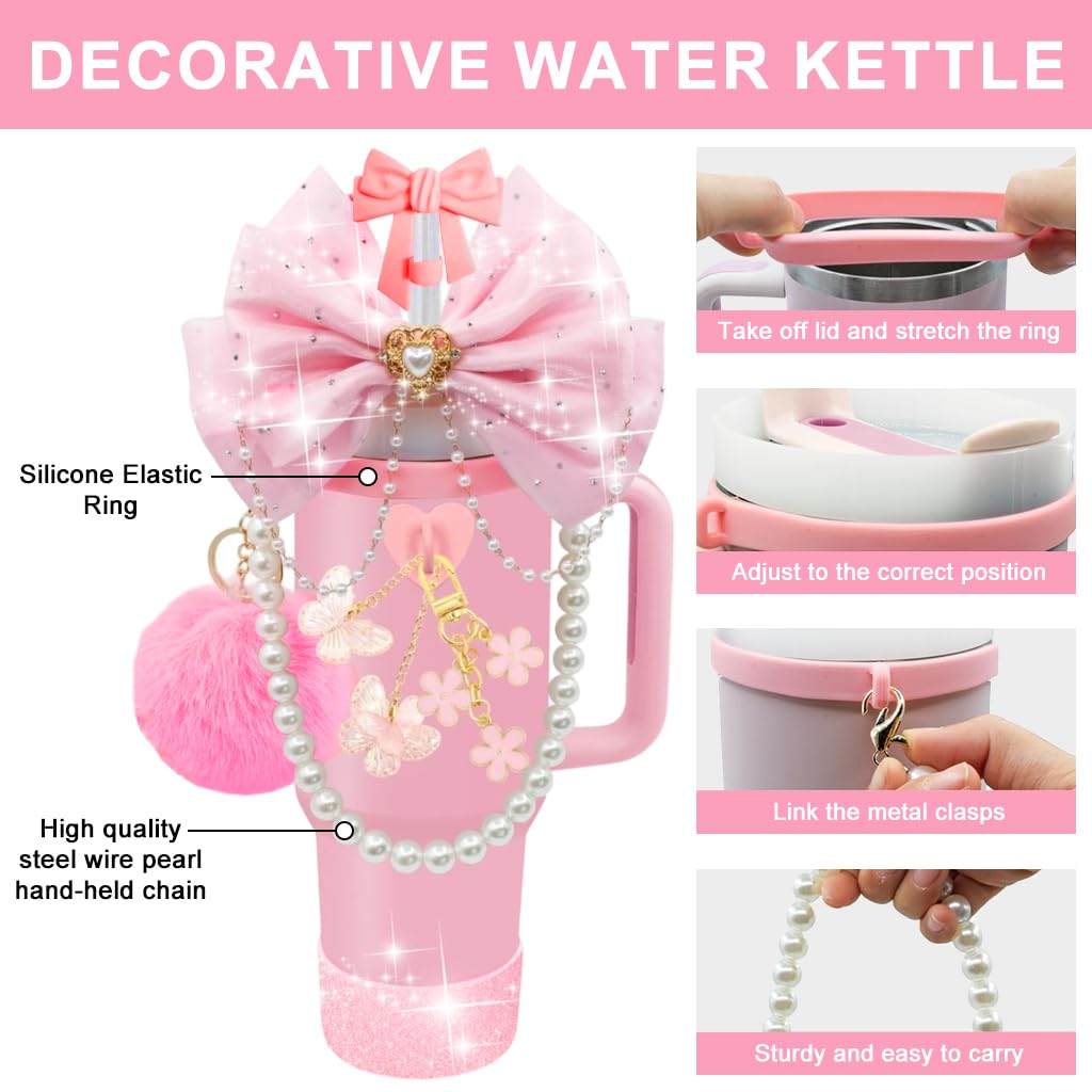 HASTHIP Stanley Cup Accessories for Women featuring 9Pcs Pink Bow and Beaded Lanyard Set