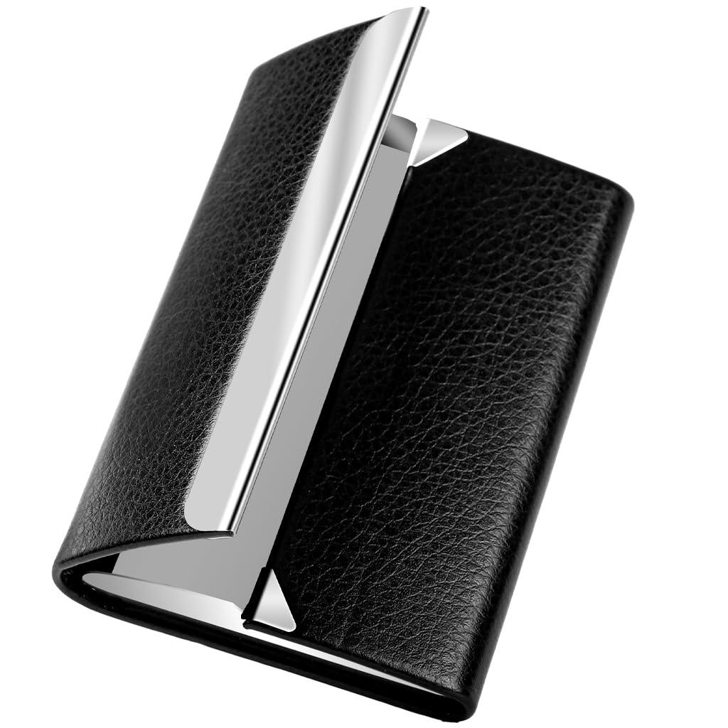 Climberty Business Card Holder for Professionals featuring Magnetic Flip-up Design and Leather-Coated Stainless Steel | Slim Organizer for Men and Women