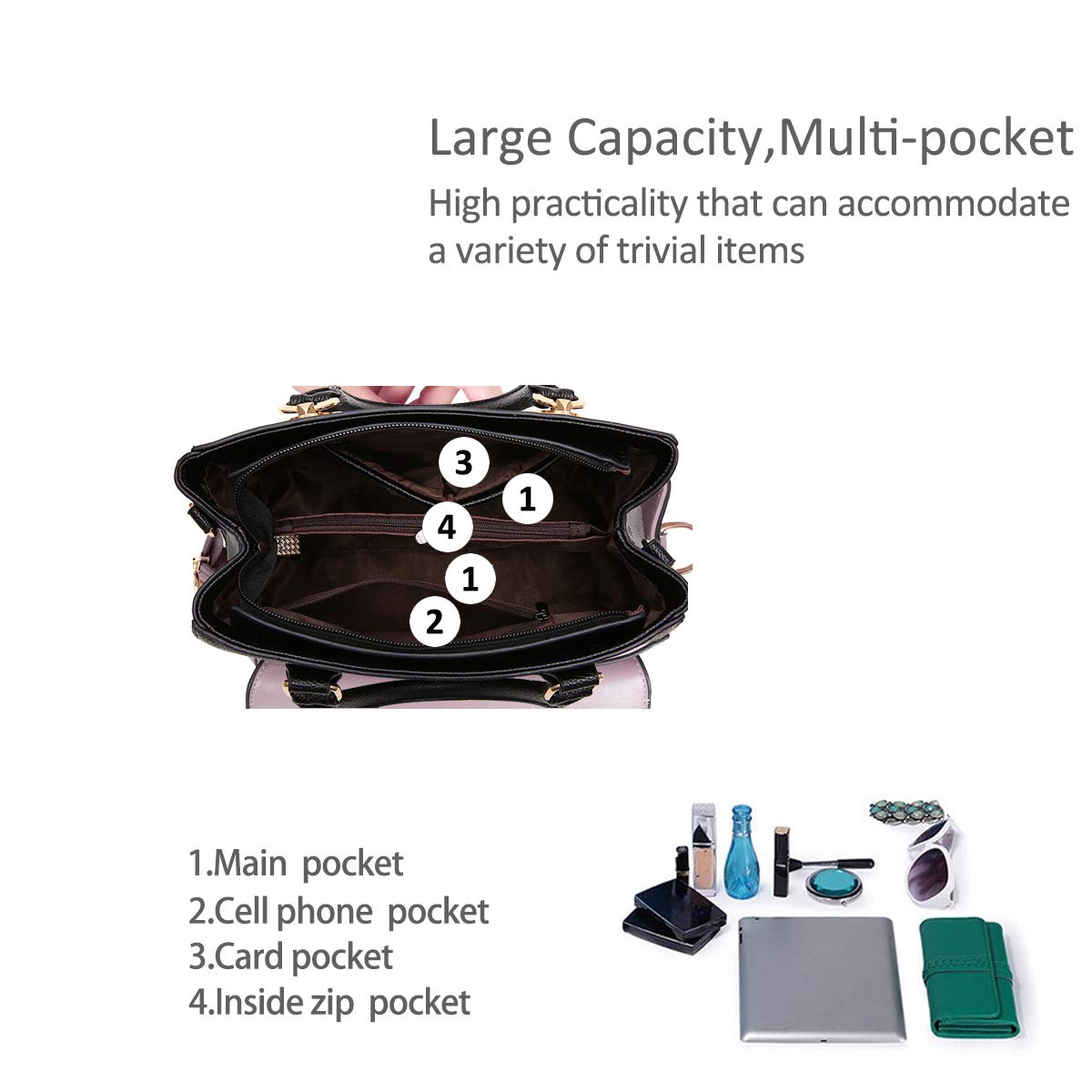 PALAY Handbag for Women with 5 Inside Pockets and Detachable Strap 26×10×20cm PU Leather Black