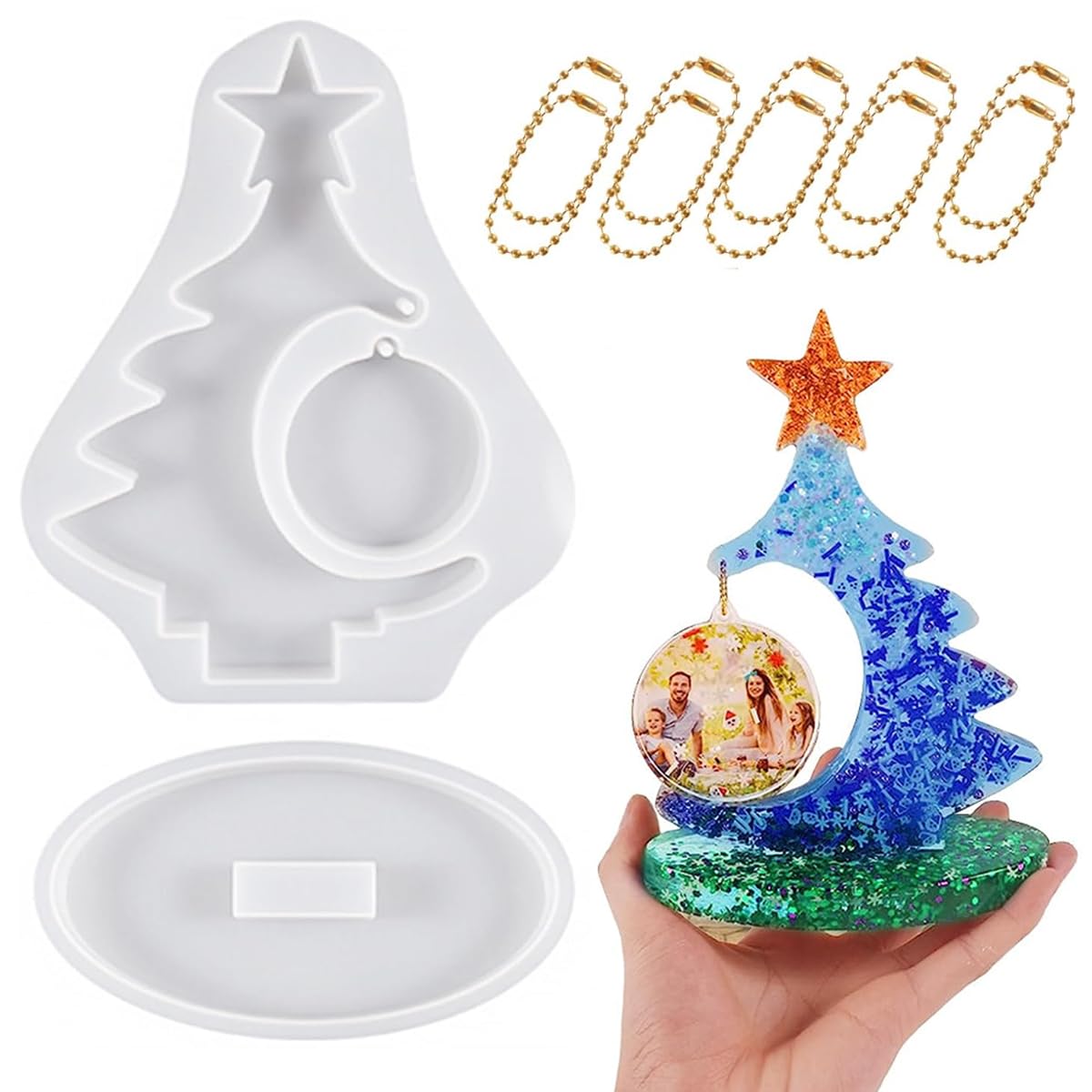 HASTHIP® Christmas Tree Resin Mold, DIY Christmas Tree Ornament with Round Hanging Photo Frame Mold & Base Large Christmas Tree Silicone Resin Mold, 8.3 * 6.8 Inches