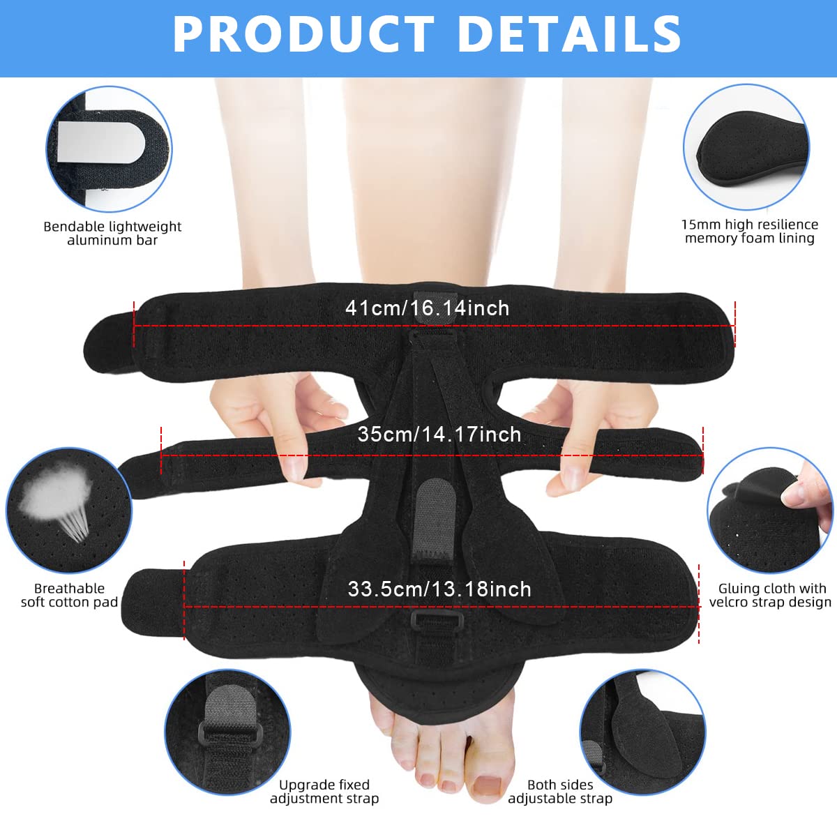 HANNEA Plantar Fasciitis Splint for Day and Night Pain Relief with 70°–90° Flexible Alloy Support | Includes 2 Arch Pads and Massage Ball