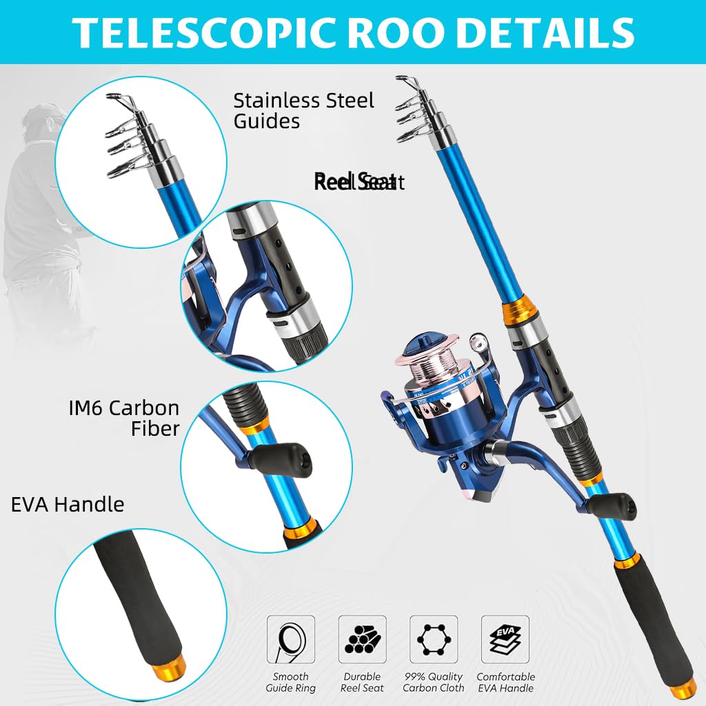 Proberos Fishing Rod Reel Set 6.8 ft for Saltwater and Freshwater with Glass Fiber Rod and Smooth 5.5:1 Reel | Includes Lures Kit and Carry Bag