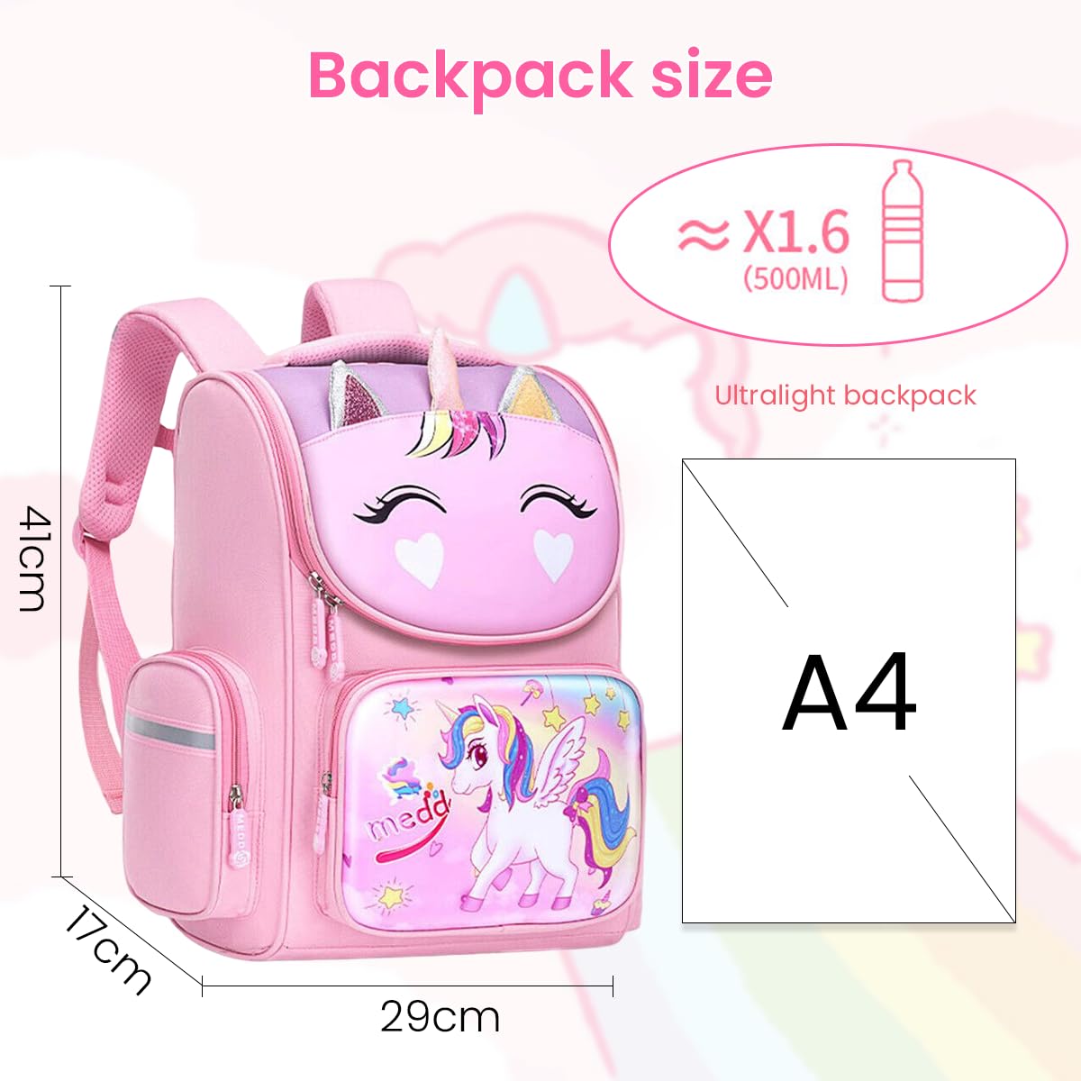 PALAY® School Backpack for Girls Kids, Unicorn School Backpack Kids Large Capacity Girls Backpack for School, Travel, Camping, Burden-relief School Backpack for Kids (1-5 Grade) - Pink