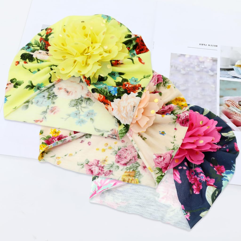 SNOWIE SOFT Turban Cap For Baby Girl,  Flower Printing Baby Cap Nylon Ventilate Kids Cap For Girls Warm Soft Baby Pullover Hat 3pcs set  Caps For Kids Beaty Baby Caps 1-2 Years Old For Kids