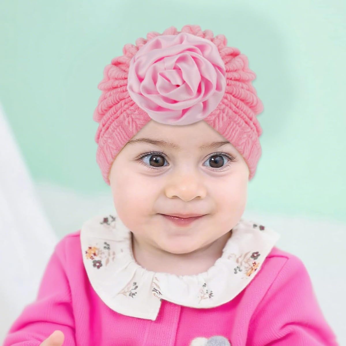 SNOWIE SOFT Baby Caps for Girls 0–24 Months with Flower Charm | 3Pcs Soft Knitted Beanie Set