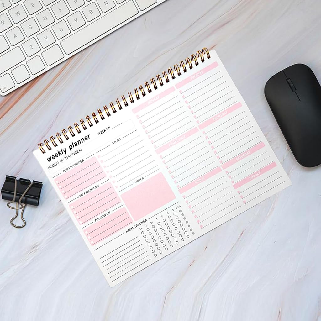 ZIBUYU Weekly Planner Notepad for Work and School with 8.5x11 in Pages featuring Twin Wire Binding and Pink Design