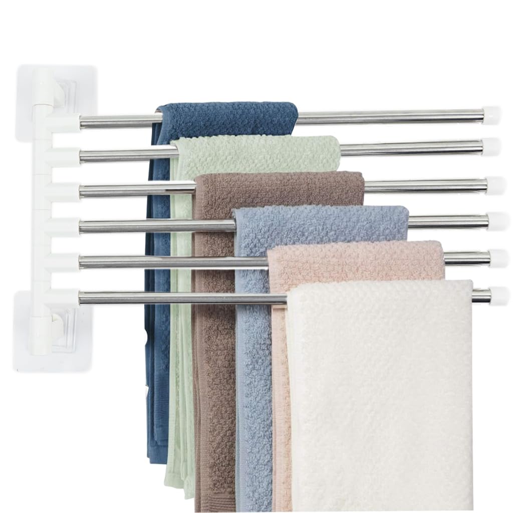 HASTHIP® Bathroom Face Towel Rack 6-Bar Rotatable Bathroom Towel Rack Rotatable Stainless Steel Towel Bar Self Adhesive Wall Mount Face Towel Rack