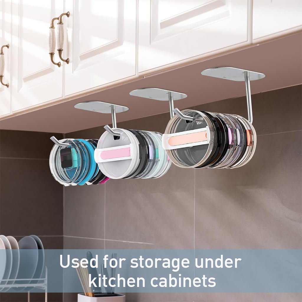 Supvox® 2Pcs Tumbler Lid Organizer, Stainless Steel Kitchen Organizer Rack, Self-Adhesive or Drilling Cup Lid Hook for Kitchen Inside Cabinet Organizers and Storage