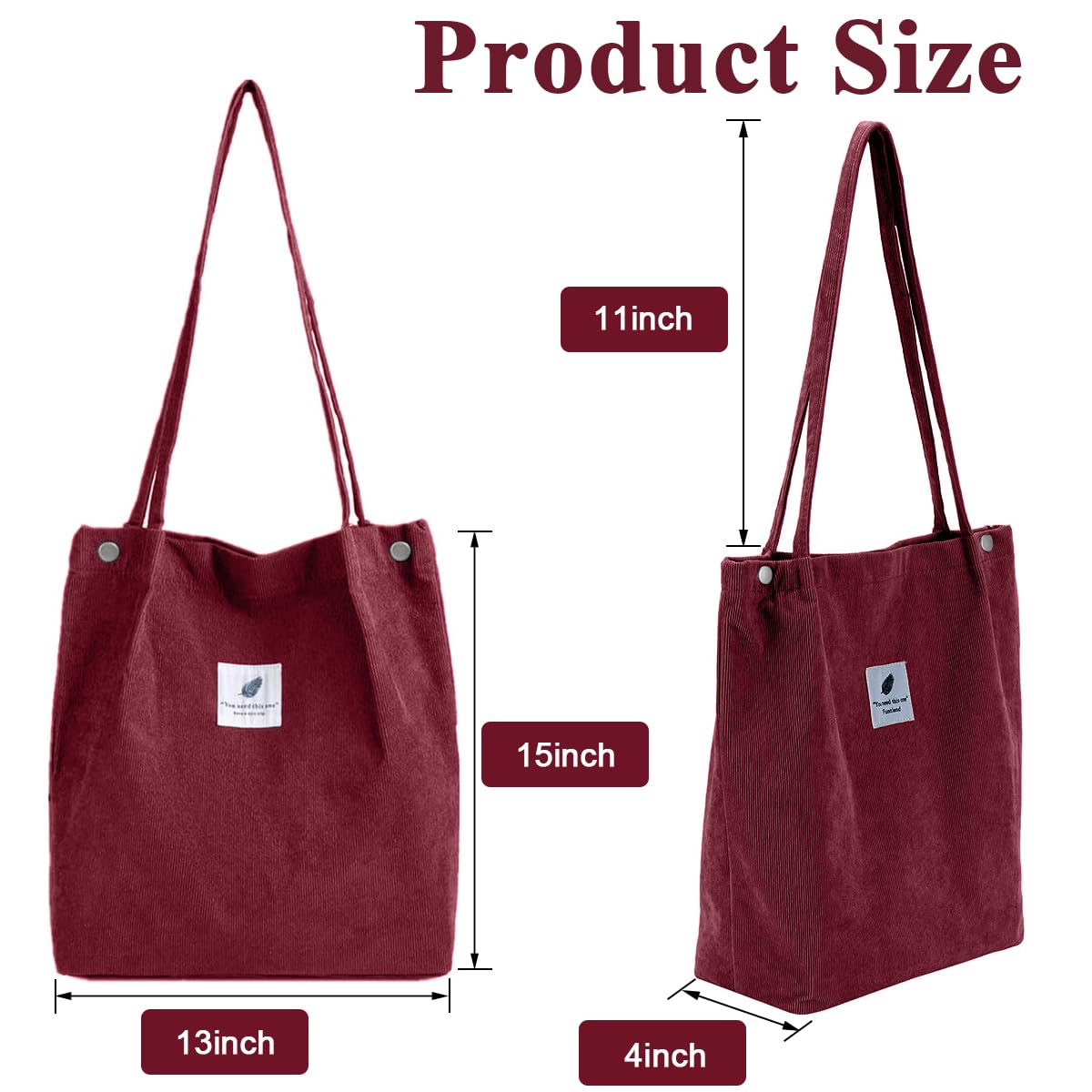PALAY Tote Bag for Women with Reinforced Handles Corduroy Burgundy Large 3PCS Set