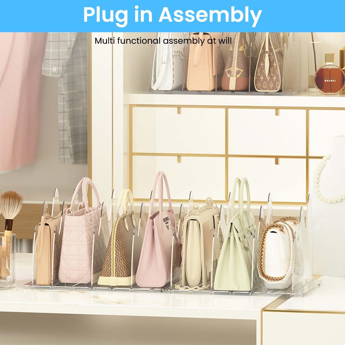 HASTHIP Purse Organizer for Closet with 4 Compartments and Clear Acrylic Divider | 2PCS Set