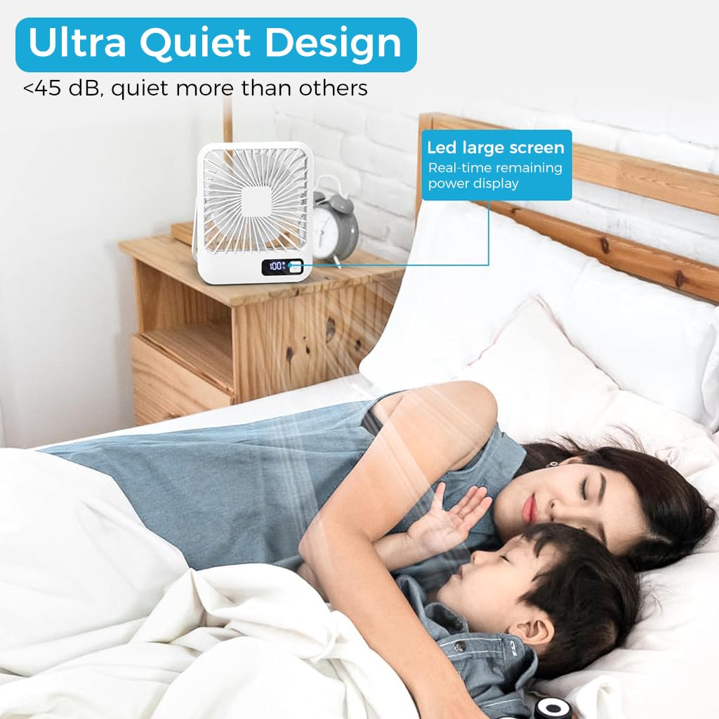 HASTHIP Table Fan with 2000mAh USB Rechargeable Power Display for Home Office and Travel | Ultra Quiet White Desktop Fan