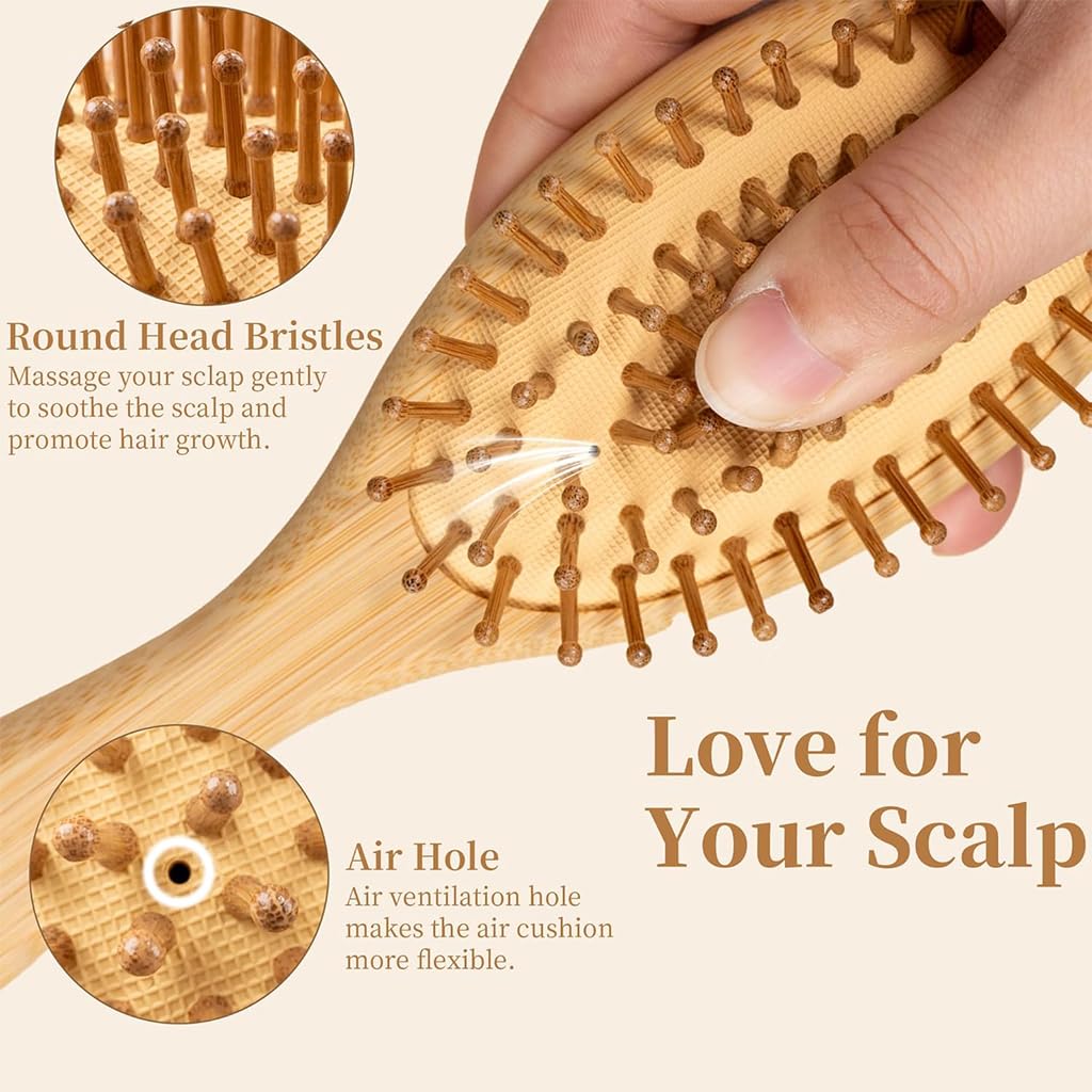 ZIBUYU Natural Bamboo Hair Brush for Women and Men featuring Airbag Scalp Massager | Ergonomic Anti Static Wooden Comb
