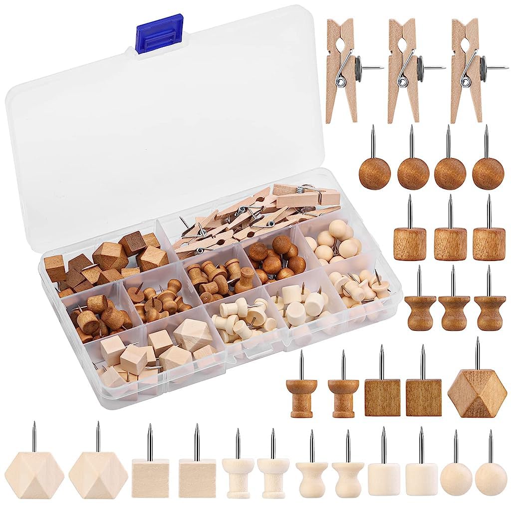 Climberty® 114Pcs Wood Push Pins with Storage Box, 3 Colors 7 Thumbtack Styles, Decorative Push Pins for Bulletin Board Cork Board Felt Board Push Pin Clip for Home, Office Accessories Stationery