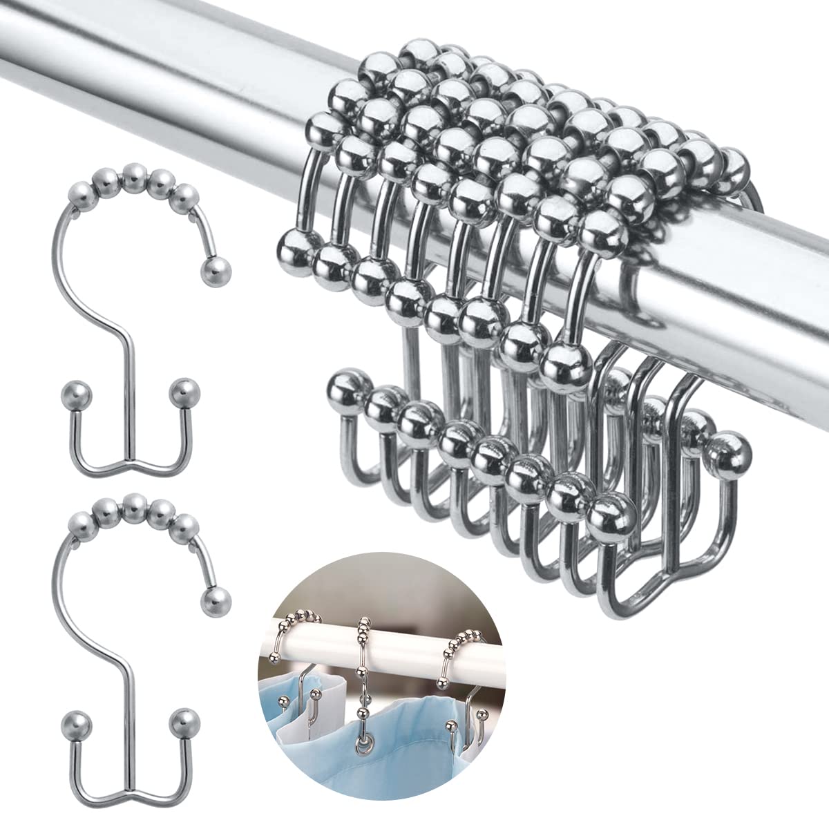 ELEPHANTBOAT Curtain Rings for Shower Rods featuring Double Hooks and Roller Balls | Stainless Steel Set of 10