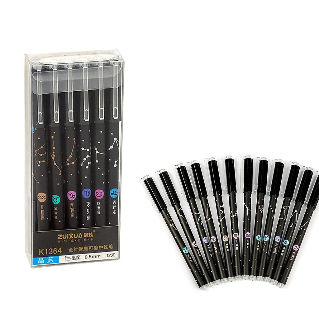 Zibuyu Erasable Gel Pens 12 Pack 0.5mm Fine Point with Built In Eraser for Smooth Writing | Blue Ink Constellation Design