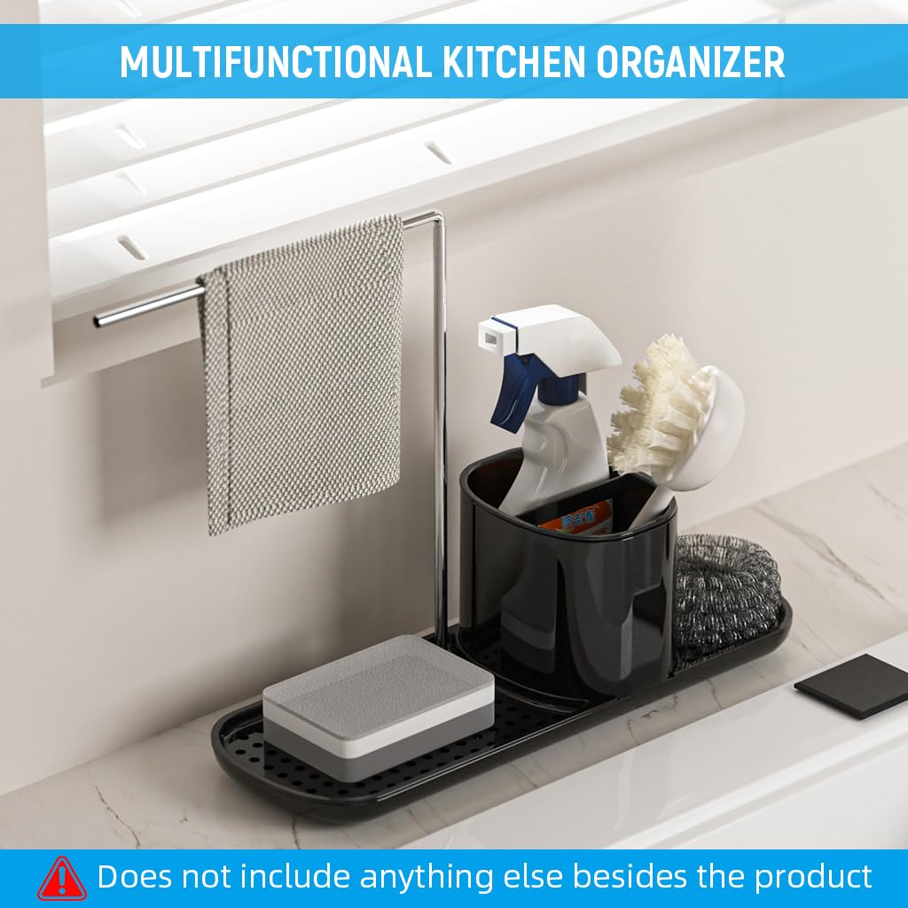 Supvox Kitchen Sponge Holder for Sink with Dual Draining Compartments and Towel Rack | Black Cotton Organizer