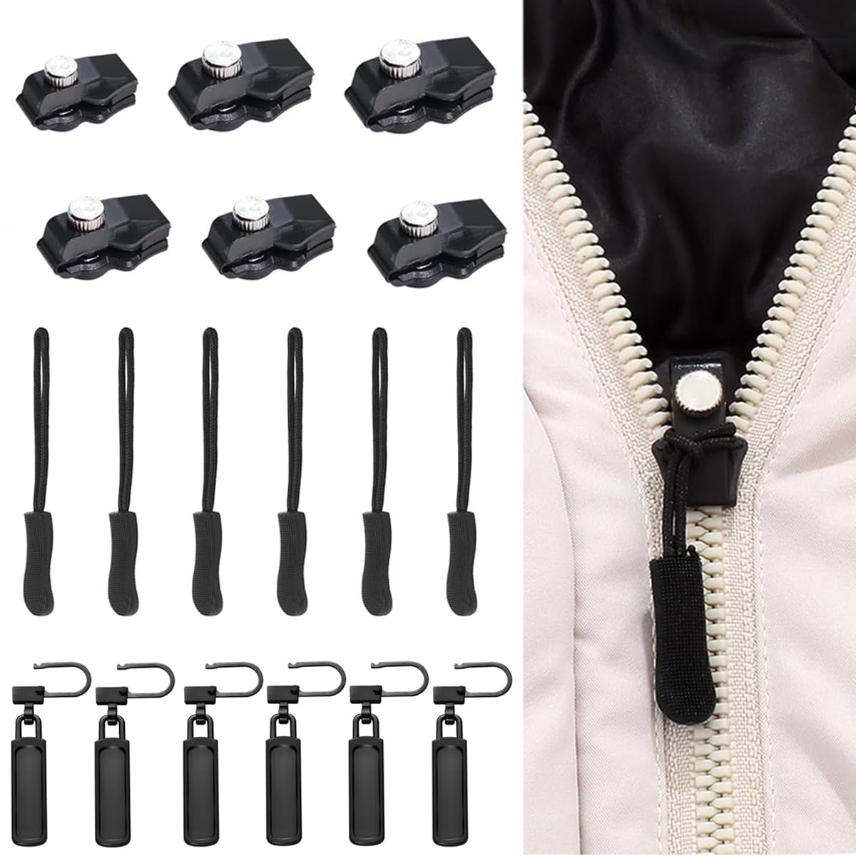 HASTHIP® Zipper Repair Kit 6Pcs Zipper Sliders with Nylon Pull Tabs, 6Pcs Replacement Metal Pull Tabs for Sliders, Screw Fix Removable Zipper Sliders Metal Pull Tabs, for Bags, Garments