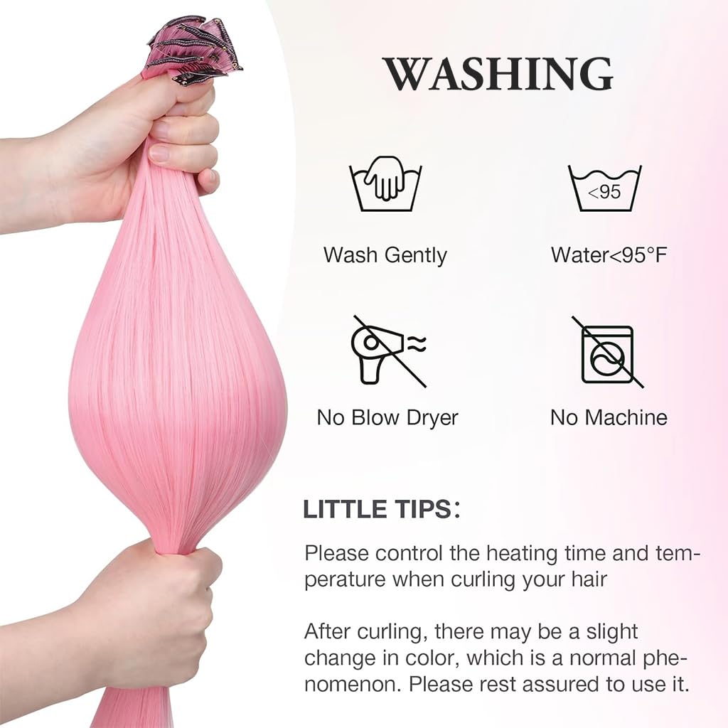 ZIBUYU 5 Pcs Pink Hair Extensions Clip in Hairpiece Accessories, 22 Inch Long Streak Straight Ins Heat Resistant Colored Synthetic, Using for Halloween Costume Party Play Highlights