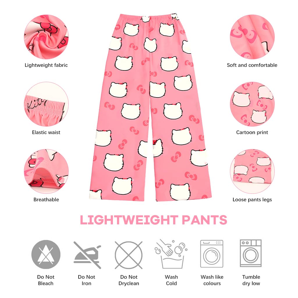 SANNIDHI Pyjama Pants for Women featuring Cartoon Kawaii Cat Print and Elastic Waistband | Soft Breathable Polyester Lounge Bottoms for Summer Comfort