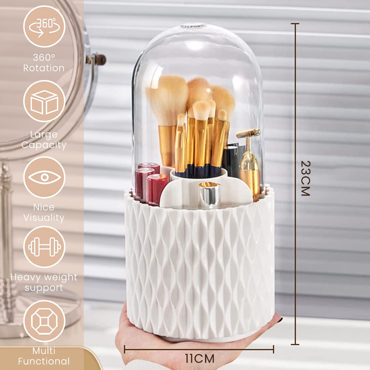 MAYCREATE® Makeup Brush Holder Organizer With Lid, 360° Rotatable 4-Grid Cosmetic Makeup Brushes Storage Case Stand For Vanity Or Bathroom - Dustproof & Waterproof, White, Plastic