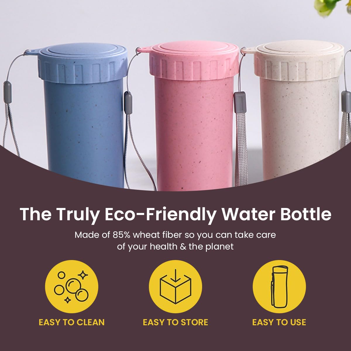 HASTHIP Water Bottle Set for Gym and Office with Leak-Proof Lid and Hand Strap 330ml | Wheat Straw BPA-Free Bottles