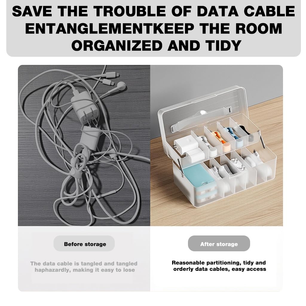 HASTHIP Cable Organizer Box for Travel with Dual Layer 11 Compartments and PP Material | 24x12.7x10.5cm