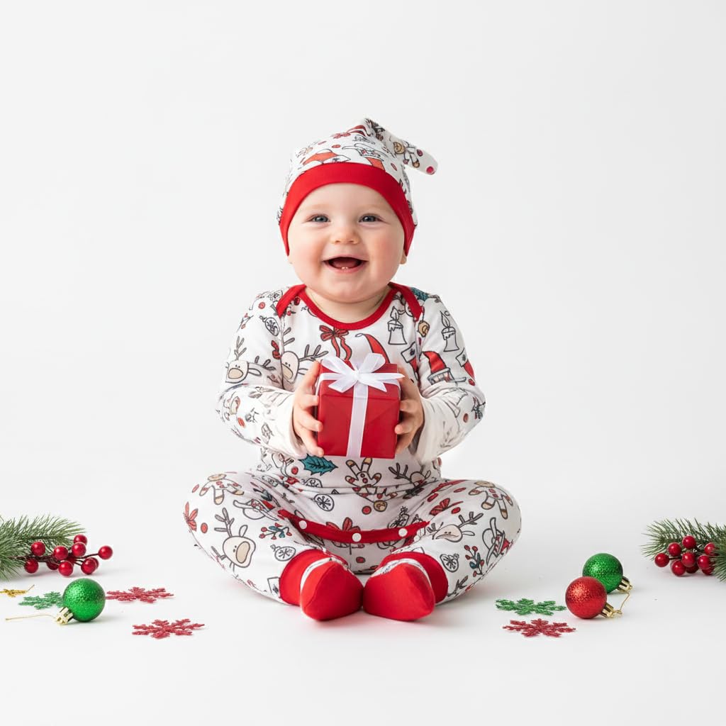 SANNIDHI Christmas Baby Outfit Set for 6–9 Month Infants with Button Up Crotch | Includes Matching Hat for Holiday Photos