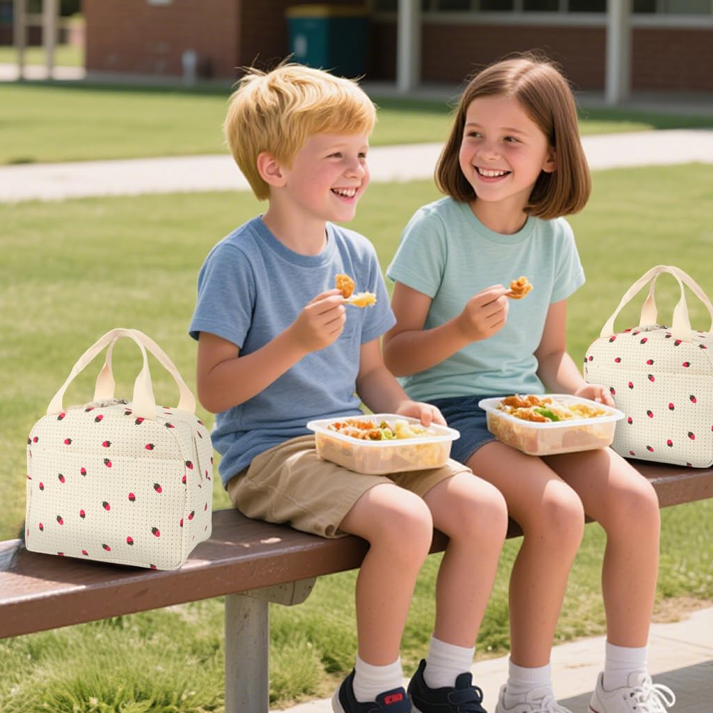 HASTHIP Insulated Lunch Bag for Office with Dual Zipper and 25.5x21x17cm Capacity | Corduroy Strawberry Design